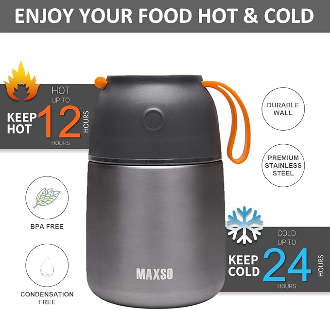 Insulated Thermo Food Jar for Hot & Cold Food for Kids Adult, 17 oz Soup Thermal Hot Food Containers for Lunch, Triple Layer Insulation Stainless Steel Food Jar with Spoon (Grey)-CubbioJoy