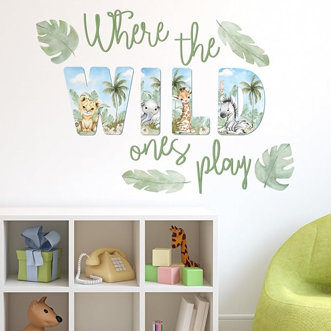 27.95x21.65 Inches Watercolor Wild Jungle Animal Wall Decals - Forest Safari Removable Stickers for Baby's Nursery, Playroom, Bedroom, Classroom - Tiger, Elephant, Giraffe Decor-CubbioJoy