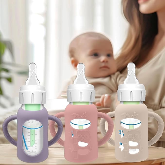 BUSOHA 3 Pack Silicone Sleeves for Dr. Brown's Glass Baby Bottles - Drop Protection Baby Bottle Sleeves,Compatible with Dr. Brown's Newborn Glass Bottles,with Silicone Handles,4 oz-CubbioJoy