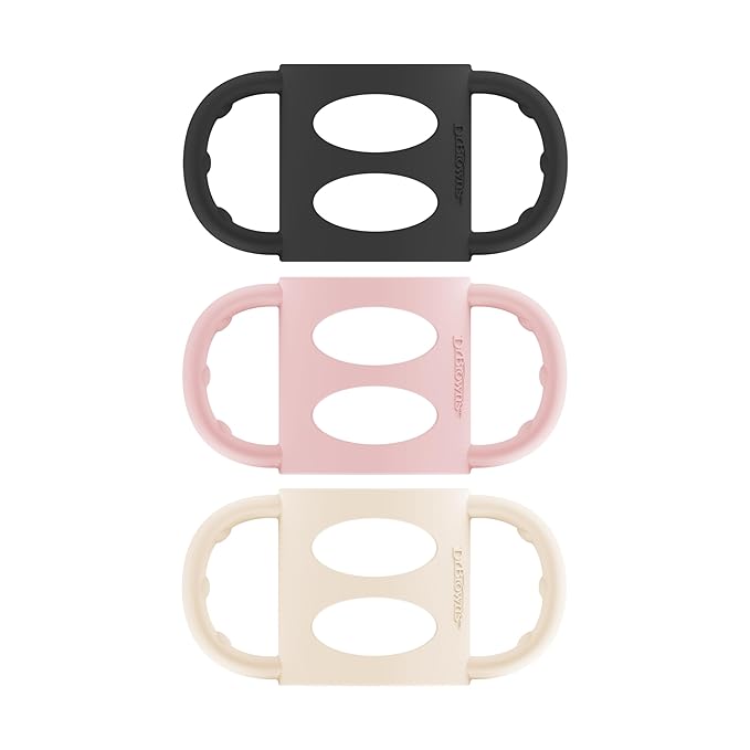 Dr. Brown's Narrow Baby Bottle Handles, 100% Silicone, Easy Grip Removable Handles for Bottle to Sippy Cup Transition, Black/Ecru/Pink, 3-Pack, 4m+-CubbioJoy