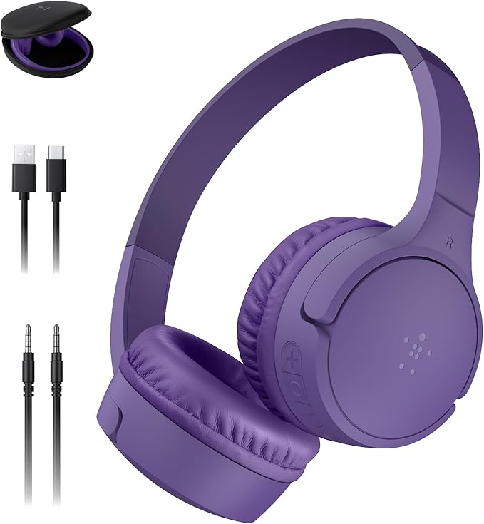 Belkin SoundForm Mini - Wireless Bluetooth Kids Headphones, 30H Battery, 85dB Safe Volume Limit, Built-in Microphone - Toddler On-Ear Earphones for iPhone, iPad - Ideal for School - Purple w/Case-CubbioJoy