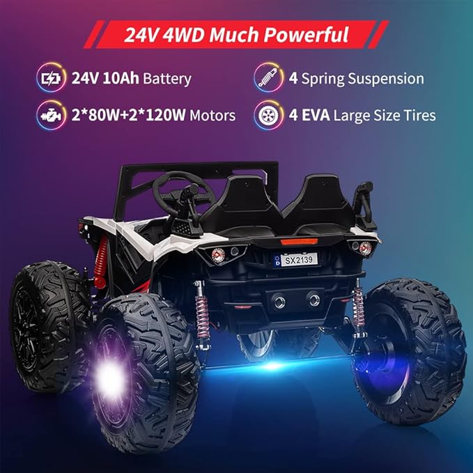2 Seaters 24V Ride on UTV with Remote Control,10AH Battery, 400W Powerful Motors with 17" EVA Wheels, 20.5“ Seat Width Electric Ride Toy with Metal Suspension,LED Lights,Music,Horn (White)-CubbioJoy
