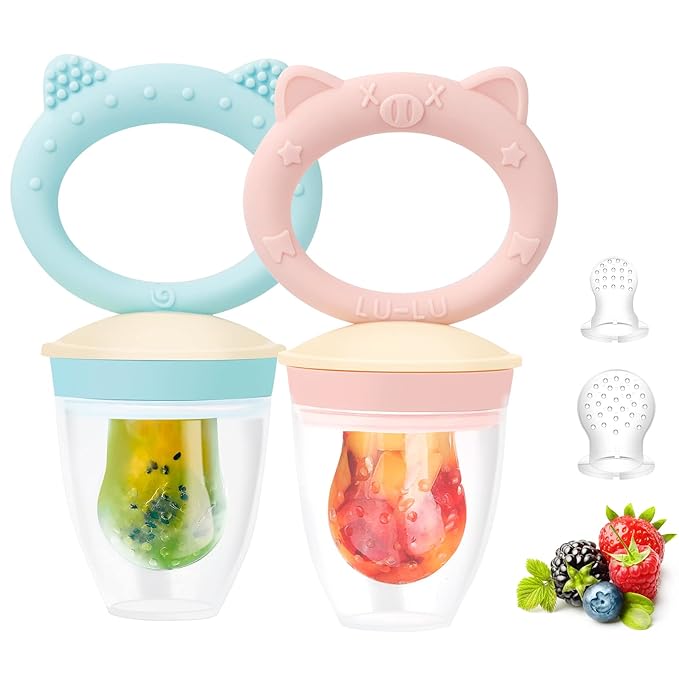 Baby Solids/Frozen Fruit Feeder Pacifier, Infant Teether Toy 4M+, BPA-Free Silicone Pouch & Nipple, Safely Introduce Solids, Teething Relief, 2-Pack (Pig Lulu - Blue Pink, S/M/L)-CubbioJoy
