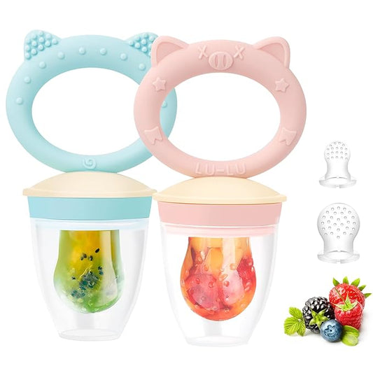 Baby Solids/Frozen Fruit Feeder Pacifier, Infant Teether Toy 4M+, BPA-Free Silicone Pouch & Nipple, Safely Introduce Solids, Teething Relief, 2-Pack (Pig Lulu - Blue Pink, S/M/L)-CubbioJoy