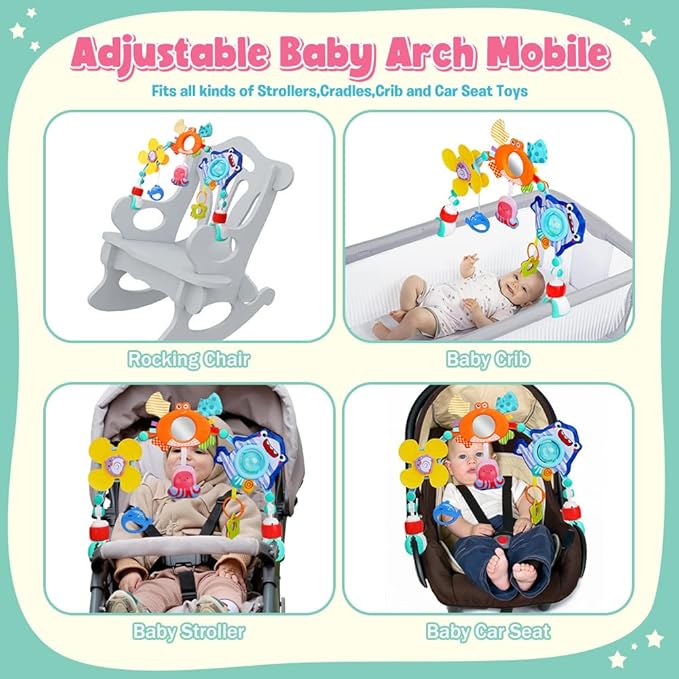 Baby Stroller Car Seat Toys,Adjustable Crib Mobile Activity Arch Toys with Sound Toy and Baby Hanging Toys,Sensory Play Travel Bouncer Bassinet Toy for Toddler Boy Girl 0 3 6 9 12 24 Month-CubbioJoy