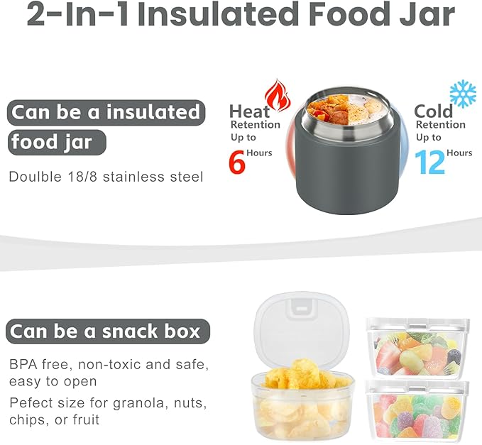 2-in-1 Insulated Food Jar & Snack Container - 15oz Kids Soup Thermos for Hot Food with Handle and Spoon, Leak Proof Reusable Toddler Snack Box, Perfect for School & Travel, Grey-CubbioJoy