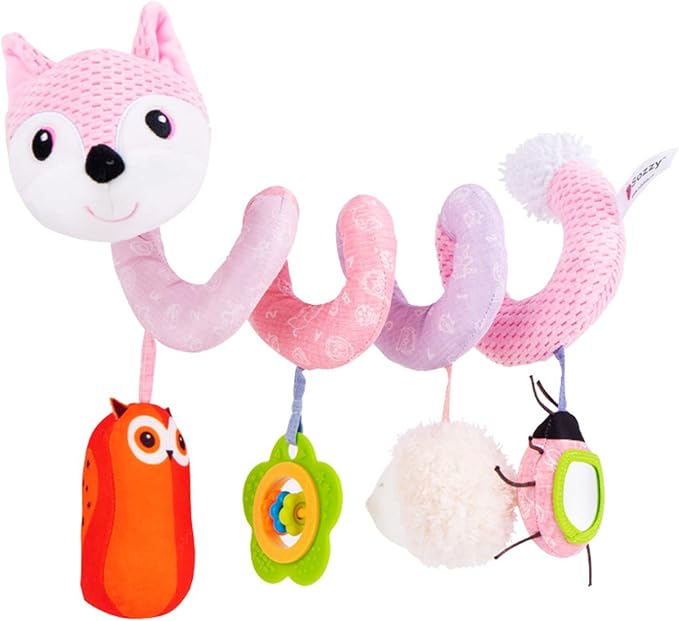 Jollybaby Baby Car Seat Stroller Toys, Plush Activity Hanging Spiral Activity Pram Crib with Music Box, Rattles, Squeaker for Babies Infant Boys Girls(Pink Fox)-CubbioJoy