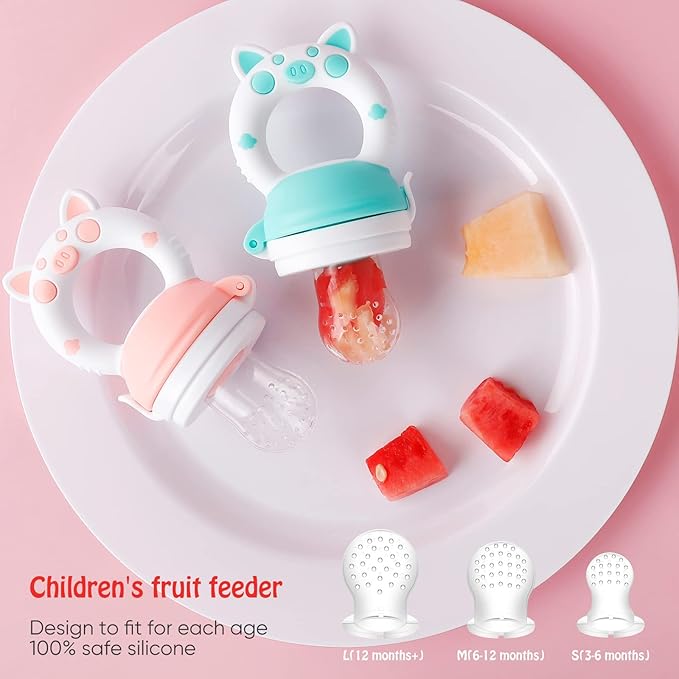 Baby Solids/Frozen Fruit Feeder Pacifier, Infant Teether Toy 4M+, BPA-Free Silicone Pouch & Nipple, Safely Introduce Solids, Teething Relief, 2-Pack (Piglet - Mint Green Pink, S/M/L)-CubbioJoy