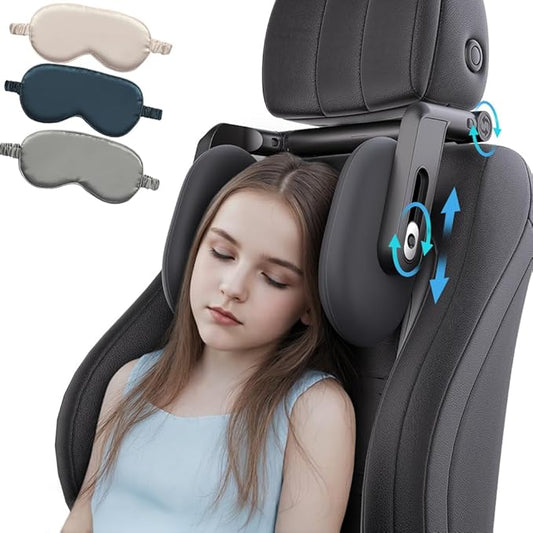Car Headrest Pillow with Hook, Adjustable Car Seat Neck Support with Memory Foam & Ice Silk, 360° Rotating Travel Sleeping Headrest for Kids & Adults (1 Eye Mask Included)-CubbioJoy