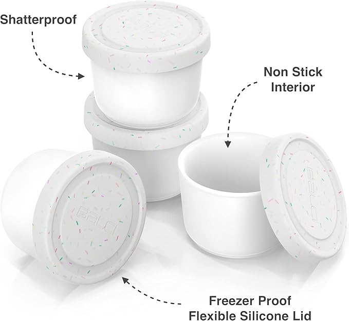 BALCI - 8oz Mini Ice Cream Containers with Silicone Lids (Set of 4) - Freezer Food Storage Containers, Reusable, LeakProof, For Homemade IceCream Containers - White with Sprinkles-CubbioJoy