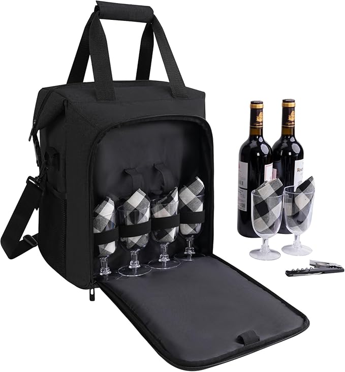 ALLCAMP 6 Bottle Wine Gift Bag - Insulated Tote Cooler, Adjustable Strap, Includes 6 Wine Glasses, Napkins & Corkscrew, Portable Travel Gifting(Black)-CubbioJoy