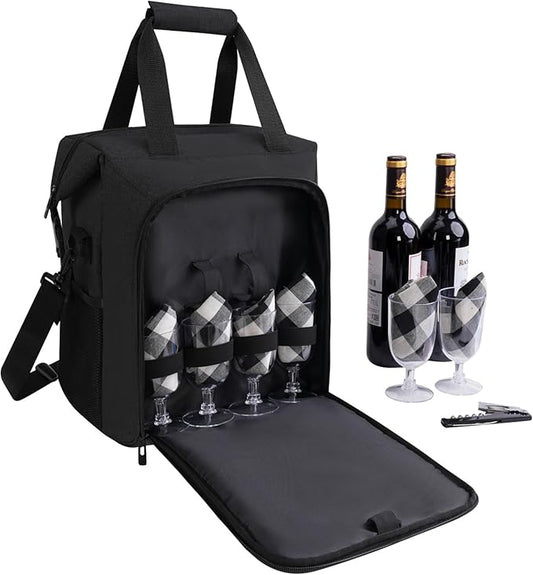 ALLCAMP 6 Bottle Wine Gift Bag - Insulated Tote Cooler, Adjustable Strap, Includes 6 Wine Glasses, Napkins & Corkscrew, Portable Travel Gifting(Black)-CubbioJoy