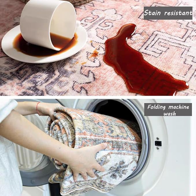 Area Rug 4x6 Washable Rug Gray Vintage Traditional Floor Cover Foldable Thin Retro Accent Indoor Distressed Non Slip Carpet Floral Print Mat Bedroom Living Room Bathroom-CubbioJoy