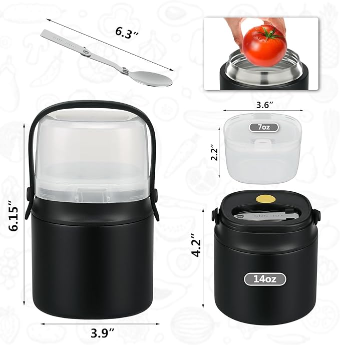 2 - in - 1 Soup Thermo for Hot Food 14oz with Snack Box Container Leak Proof Insulated Lunch Container Kids and Adults Stainless Steel Double Wall Vacuum Wide-mouth Thermal with Spoon and Handle-CubbioJoy