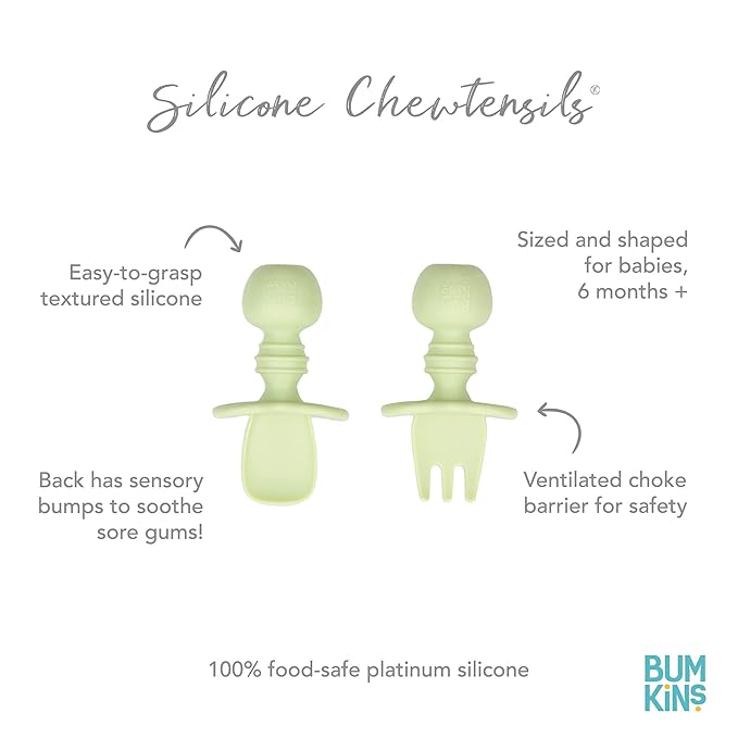 Bumkins Baby Utensils Set, Chewtensils Silicone Spoons for Dipping, Self-Feeding, Baby Led Weaning, Trainer Learning, First Stage Eating, Soft Practice Fork and Spoon, Babies 6 Months, Sage Green-CubbioJoy