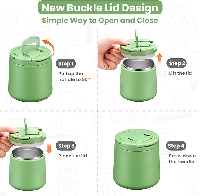 20oz Insulated Vacuum Food Jar with Buckle Lid,Soup Thermo for Hot Food Kids,Wide Mouth Leakproof Stainless Steel Lunch Container with Spoon-Green-CubbioJoy