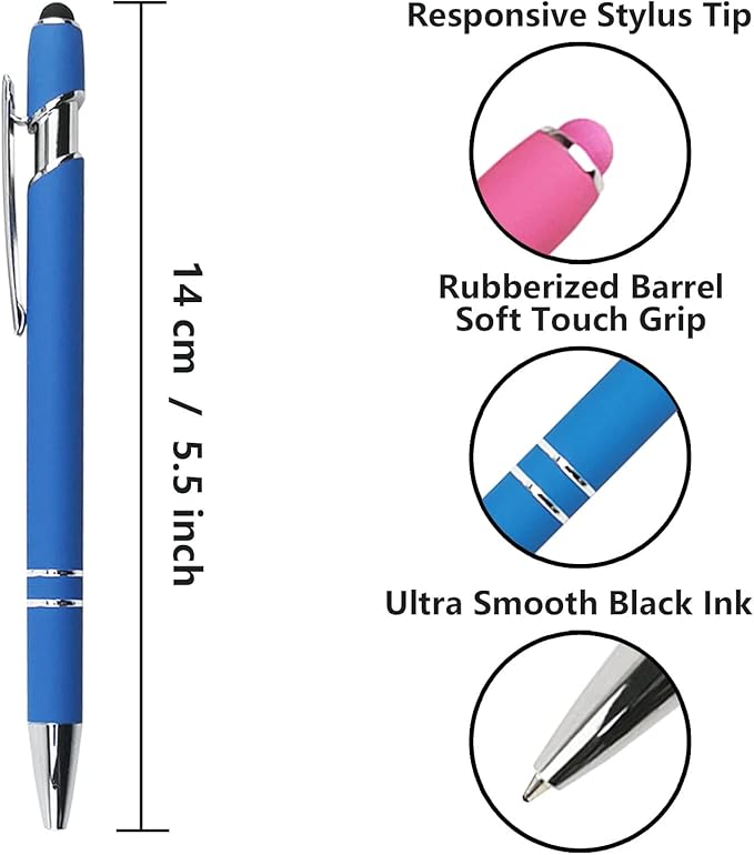 Ballpoint Pen with Stylus Tip, Soft Touch Click Metal Pen, 1.0mm Medium Point, Black Ink, 12 Count(Blue)-CubbioJoy