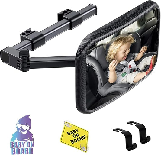 Baby Car Mirror Rear Facing, Safety Adjustable Car Seat Mirror for Baby Extendable Camera Monitor with Hook Clip Design Clear View ShatterProof + 2 Baby on Board Stickers,2 Seat Headrest Hook-CubbioJoy