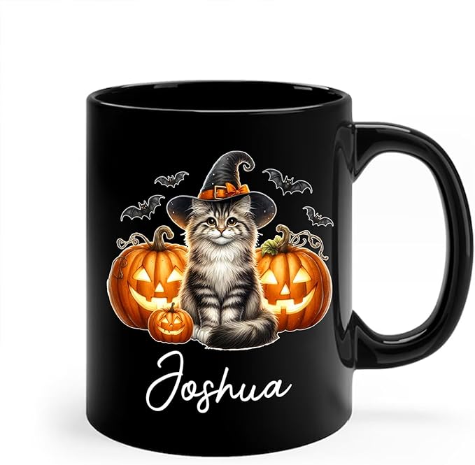Customized Siberian Wearing Witch Hat Coffee Cup with Name, Personalized Siberian Cat Pumpkins Ceramic Mugs 11oz 15oz, Halloween Cat Cup Gift for Dad Mom Kid, Pet Owner Halloween Black Mug-CubbioJoy