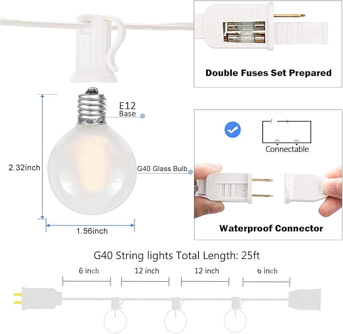 25Ft G40 LED Outdoor Christmas Frosted White String Lights with 27 G40 White Pearl Shatterproof Bulbs, Connectable Vintage Christmas Globe Patio Lights for Holiday Wedding Party Café Porch Party-White-CubbioJoy