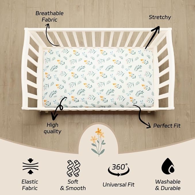 4 Pack Sage Green Fitted Nursery Sheets Breathable Neutral Unisex Baby Sheets for Boys or Girls with Leaf and Flower Design Standard Crib Sheet (Green, Crib Sheet)-CubbioJoy