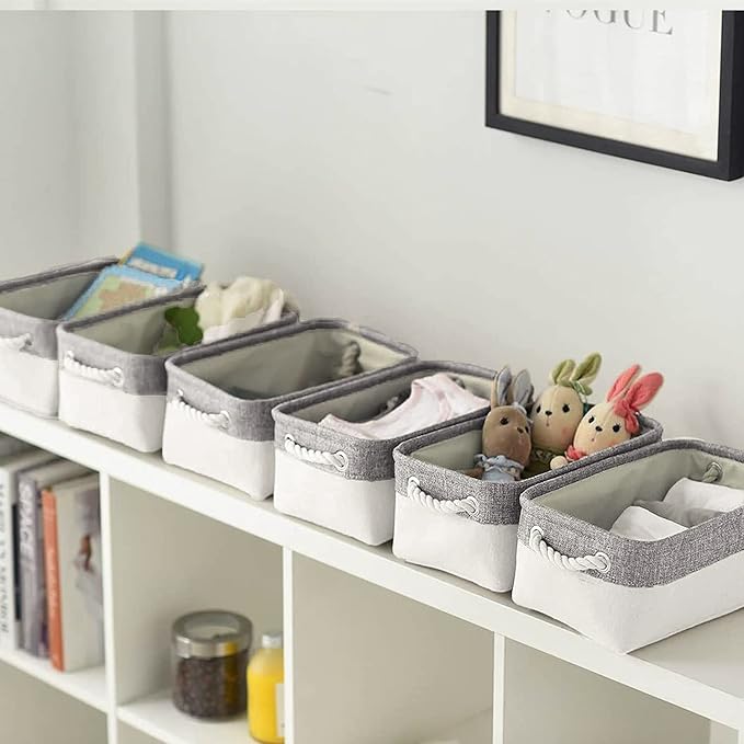 Basket for Organizing Cube Stgorage Bin - Small 6 Pack Fabric Storage Cubes Collapsible Baskets for Shelves with Rope, Bins for Organization Closet Cloth Toy Laundry Canvas (Grey&White 12x8x5.2 inch)-CubbioJoy