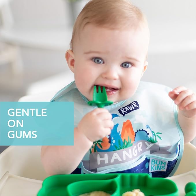 Bumkins Baby Utensils Set, Chewtensils Silicone Spoons for Dipping, Self-Feeding, Baby Led Weaning, Trainer Learning, First Stage Eating, Soft Practice Fork and Spoon, Babies 6 Months, Jade Green-CubbioJoy