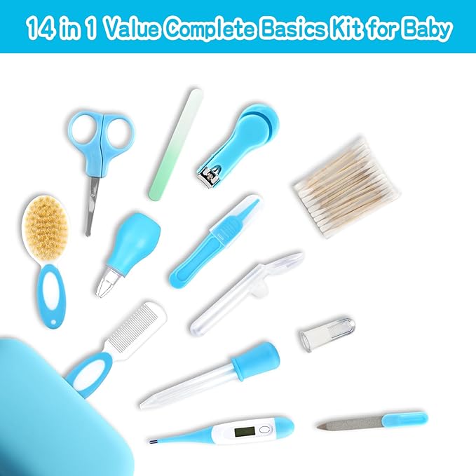 Baby Grooming Kit，Infant Safety Care Setwith Hair Brush Comb Nail Clipper Nasal Aspirator, Baby Essentials Kit for Newborn Girls Boys (14 PC-Blue Kit)-CubbioJoy