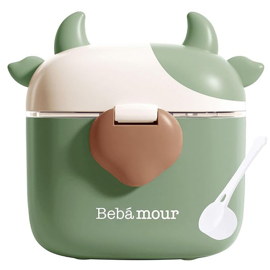 Bebamour Baby Formula Dispenser, BPA Free Portable Milk Powder and Candy Fruit Snack Storage Container with Scoop and Leveller for Travel, 450 ML, Green Cow-CubbioJoy