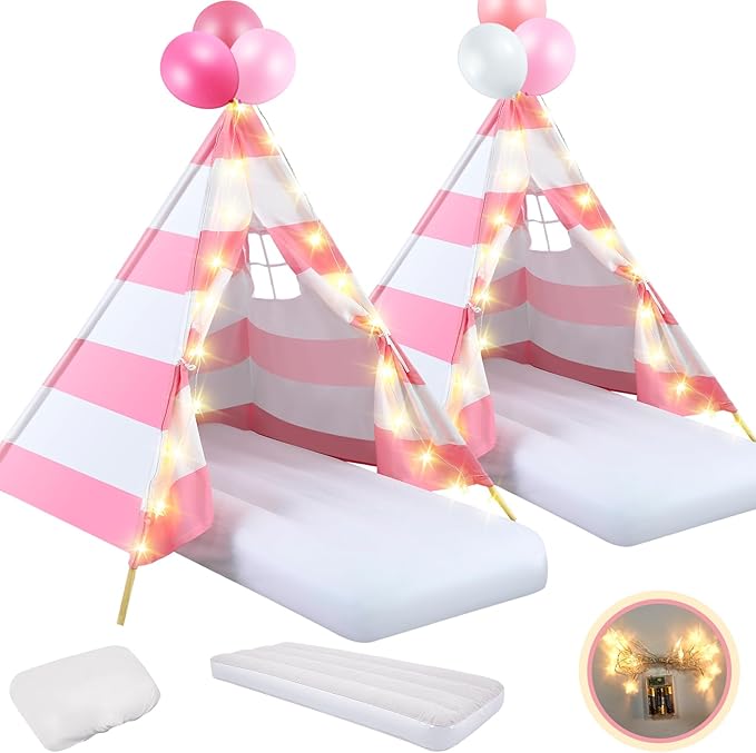 2 Pack Kids Teepee Tent with Mattress,Fitted Sheet,Light String,Washable Natural Cotton Toddler Play Tent for Girls Boys Indoor Outdoor Sleepover Slumber Birthday Party(Pink and White)-CubbioJoy