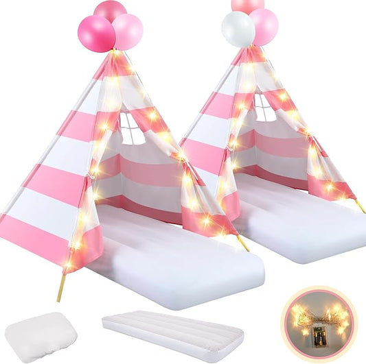 2 Pack Kids Teepee Tent with Mattress,Fitted Sheet,Light String,Washable Natural Cotton Toddler Play Tent for Girls Boys Indoor Outdoor Sleepover Slumber Birthday Party(Pink and White)-CubbioJoy