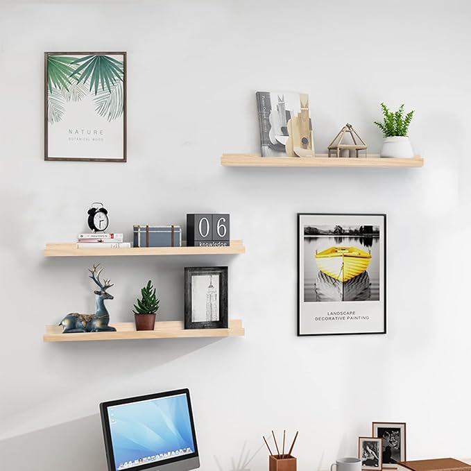 AZSKY Natural Wood Wall Mounted Shelves 24 Inch Floating Wall Book Shelf Floating Ledge Storage Rustic Shelves Photo Picture Ledge for Home Decor a Set of 3-CubbioJoy