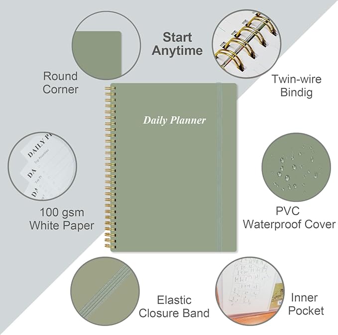 Daily Planner Undated - B5 To Do List Notebook Hourly Schedules, Spiral Appointment Planner for Women and Men, PVC Hardcover, Inner Pocket, Elastic Closure, 7" x 10", Green-CubbioJoy