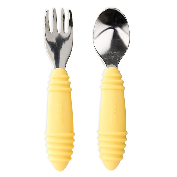Bumkins Toddler Utensils, Kids Size Fork and Spoon Set, Silicone and Stainless-Steel Training Silverware, Angled Fork / Spork for Self-Feeding, Children Learning to Eat, 18 Mos Up, Pineapple Yellow-CubbioJoy