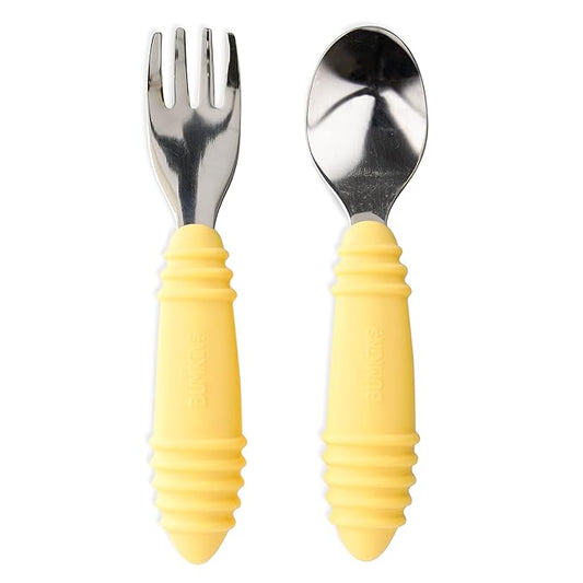 Bumkins Toddler Utensils, Kids Size Fork and Spoon Set, Silicone and Stainless-Steel Training Silverware, Angled Fork / Spork for Self-Feeding, Children Learning to Eat, 18 Mos Up, Pineapple Yellow-CubbioJoy