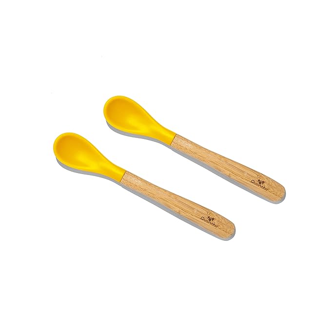 Avanchy Bamboo & Silicone Infant Training Spoons, BPA Free - Soft Tip, Easy on Gums, First Stage Feeding Utensils for Baby-Led Weaning, Self-Feeding, Yellow-CubbioJoy