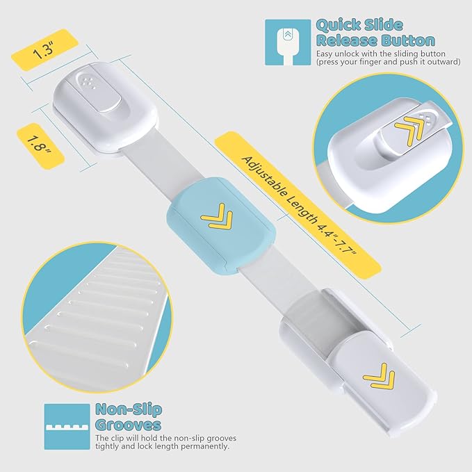 4our Kiddies Child Safety Cabinet Locks for Babies (6 Pack), Child Proof Latches for Cabinets and Drawers Doors, Baby Proofing Cabinet Strap Locks for Cupboard and Closet with 6 Pcs Extra 3M Adhesives-CubbioJoy