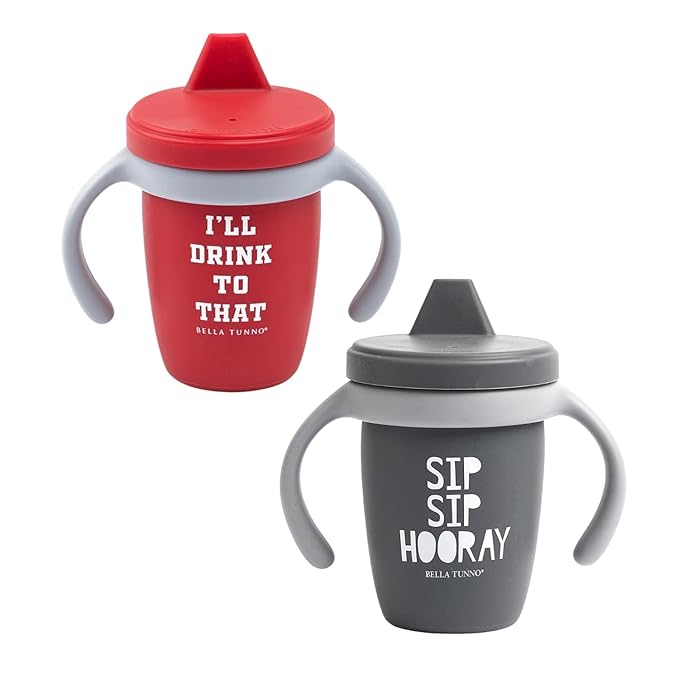 Bella Tunno Sippy Cup, Set of 2 Silicone Training Cups with Transition Handles for Infants, Toddlers & Kids, Babies 6-12 Months & Toddlers 1-3 Years, Boys & Girls, Drink & Hooray, 8 oz-CubbioJoy