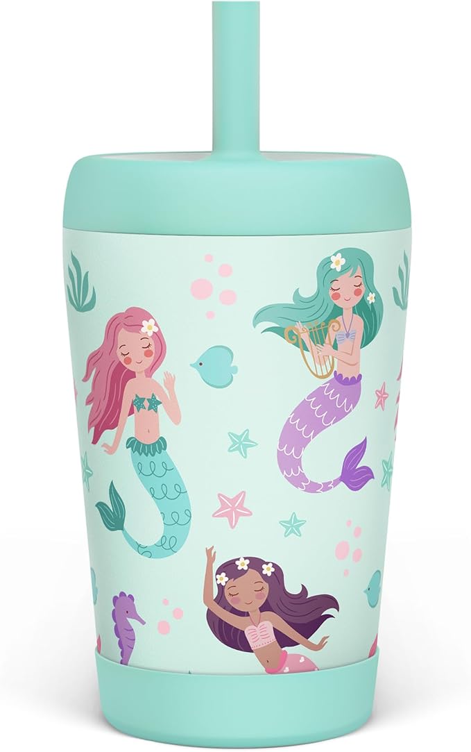 Kid Insulated Stainless Steel Tumbler with Silicone Straw, 12oz Sippy Cup for Kids (Magical Mermaids)-CubbioJoy