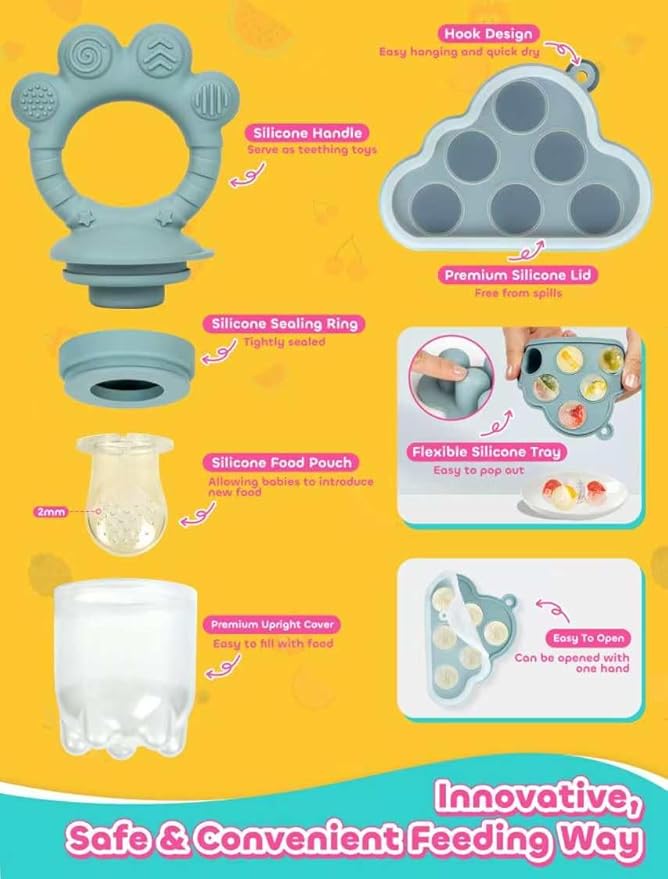 Baby Popsicle Molds & Food Feeder Set, Baby Fruit Feeder for Infant Teething Relief & Safe Infant Self Feeding 4 Months+ Starting Solids for Essentials (Green+Blue)-CubbioJoy