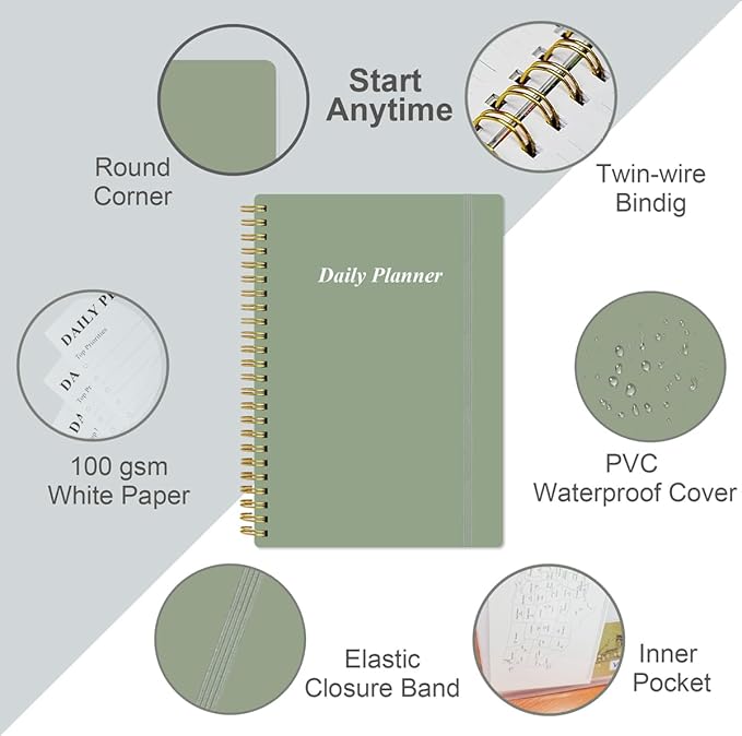 Daily Planner Undated - A5 To Do List Notebook Hourly Schedules, Spiral Appointment Planner for Women and Men, PVC Hardcover, Inner Pocket, Elastic Closure, 5.8" x 8.3", Green-CubbioJoy