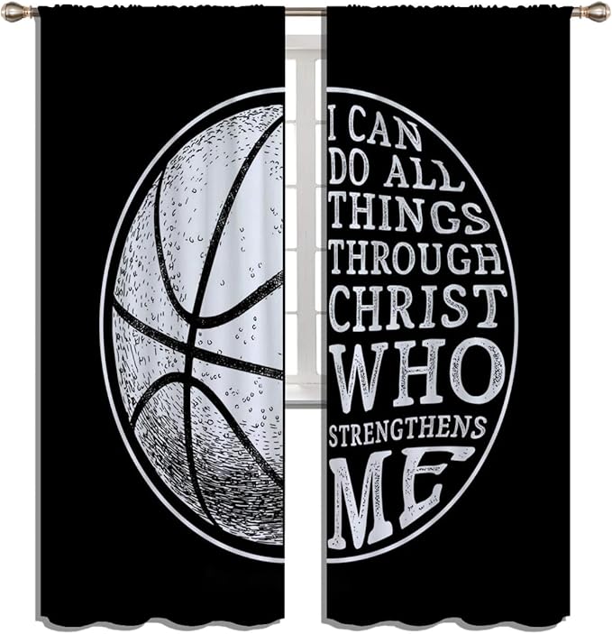 Basketball Blackout Curtains for Boy Girl Room Darkening Decor,Sport Theme and White Motto Dark Background Bedroom Living Room Home Rod Pocket Thermal Insulated Window Curtain/Drapes Panel,84x63 Inch…-CubbioJoy