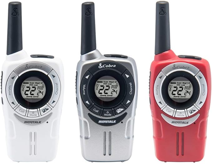 Cobra ACXT360 Water Resistant Walkie Talkies – Rechargeable, 22 Channels, Long Range 25-Mile Range Two-Way Radios 3-Pack, White, Silver and Red-CubbioJoy