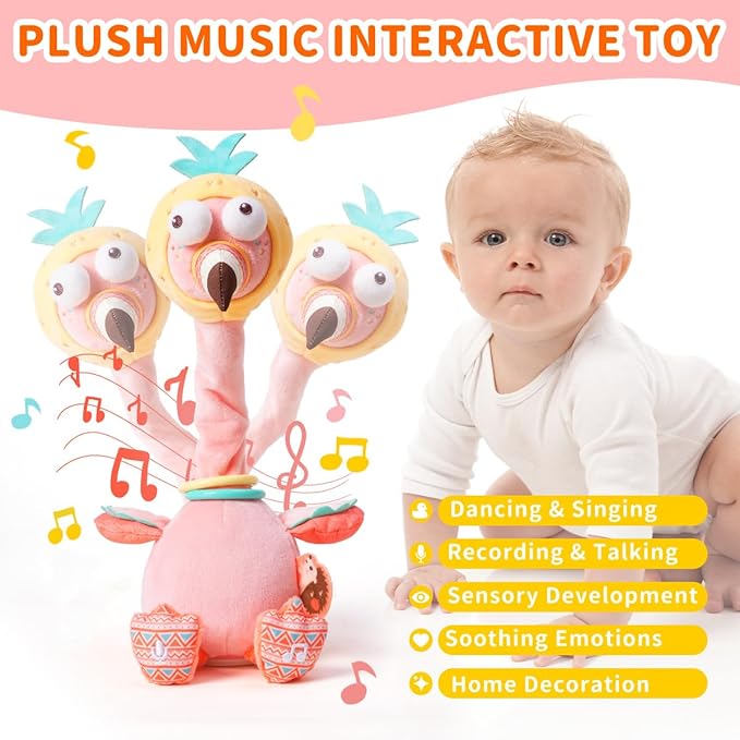 Jollybaby Plush Talking Singing Dancing Musical Flamingo Toy for Toddlers 1-3 Just Like Cactus Toy, Music Mimicking Interactive Toy for Crawling Kids, Sensory Stuffed Toy Gift for Baby 0-6-12 Month-CubbioJoy