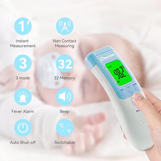 Berrcom Forehead Thermometer for Adults and Kids, Non-Contact Infrared Digital Thermometers for Fever, Room, and Object, Touchless Temperature Gun with Fever Alert-CubbioJoy