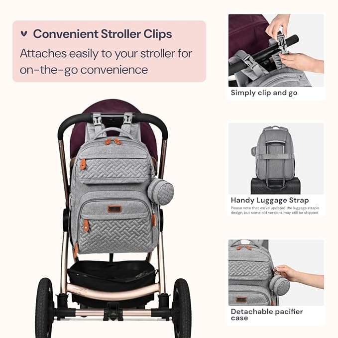 BabbleRoo Diaper Bag Backpack, Travel Backpack with Changing Pad, Pacifier Case & Stroller Straps, Multifunction, Waterproof, Unisex – Light Gray-CubbioJoy