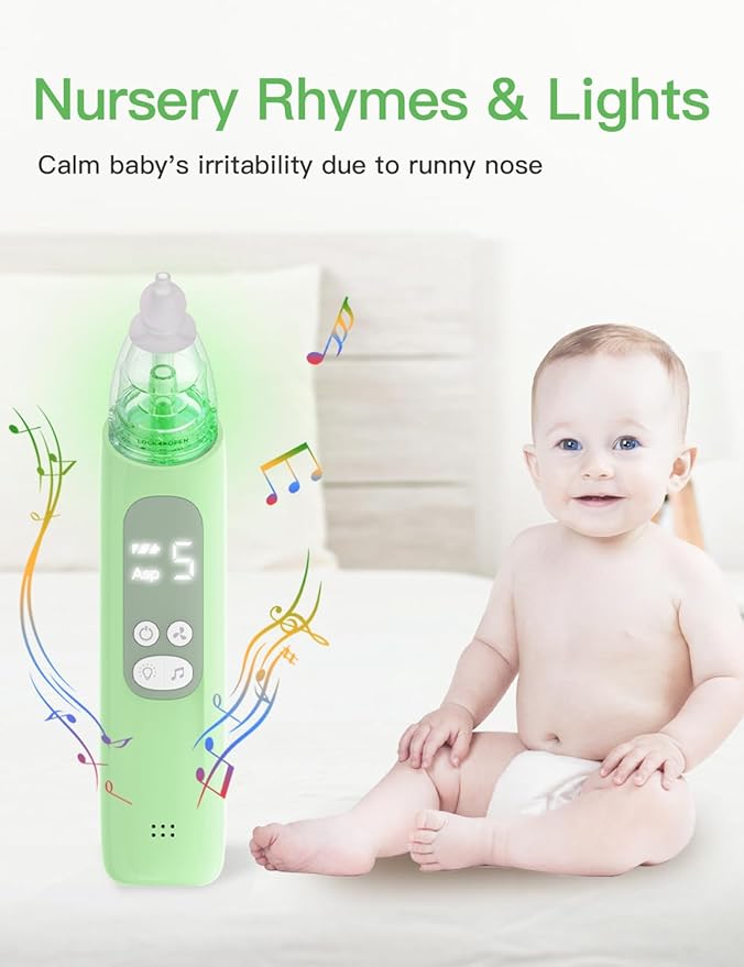 Baby Nasal Aspirator, Electric Nose Sucker with 5 Levels Suction, Soothing Light & Nursery Rhymes (Green)-CubbioJoy