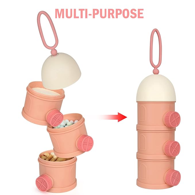 Accmor Formula Dispenser On The Go, 3 Layers Stackable Formula Container to Go, Non-Spill Portable Milk Powder Baby & Kids Snack Container, Pink-CubbioJoy