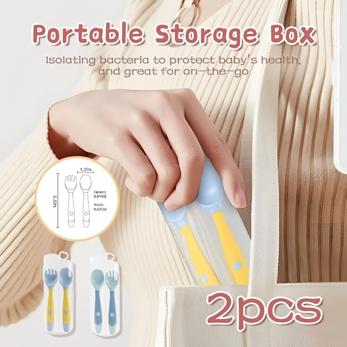 Baby Utensils Spoons and Forks Set Bendable Self-Feeding Silverware for Toddler Children with Travel Case Gum Friendly Food Grade (Yellow+Green, 2 Set)-CubbioJoy