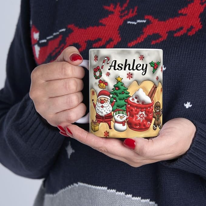Custom 3D Effect Christmas Mugs with Names, Santa Claus Coffee Mug, Personalized Reindeer Accent Mug Christmas Gifts For Women Men Friends Family Gingerbread Man Mug 11 or 15 Oz-CubbioJoy
